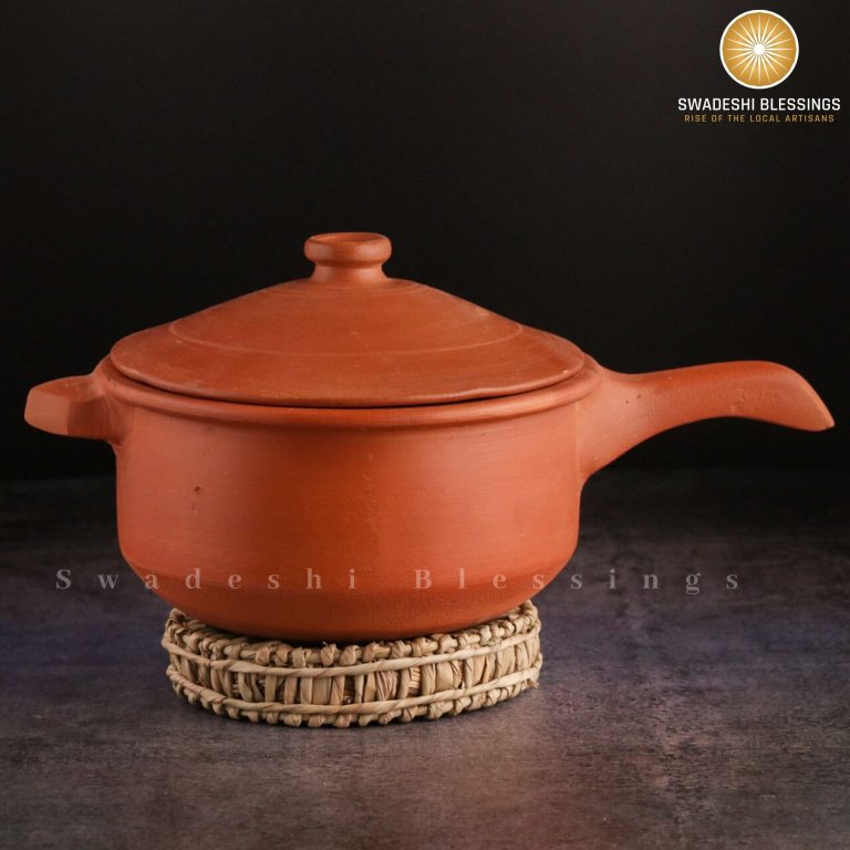 Premium Unglazed Clay Pot for Cooking | Earthen Kadhai | Kerela Handi | Clay Handi for Serving with Lid, 2.8L | Includes Free Palm Leaf Stand and Ash for Cleaning Swadeshi Blessings