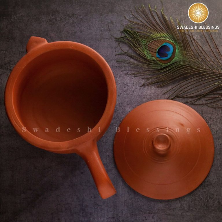 Premium Unglazed Clay Pot for Cooking | Earthen Kadhai | Kerela Handi | Clay Handi for Serving with Lid, 2.8L | Includes Free Palm Leaf Stand and Ash for Cleaning Swadeshi Blessings