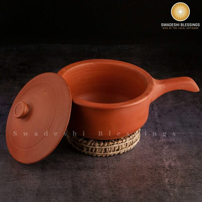 Premium Unglazed Clay Pot for Cooking | Earthen Kadhai | Kerela Handi | Clay Handi for Serving with Lid, 2.8L | Includes Free Palm Leaf Stand and Ash for Cleaning Swadeshi Blessings