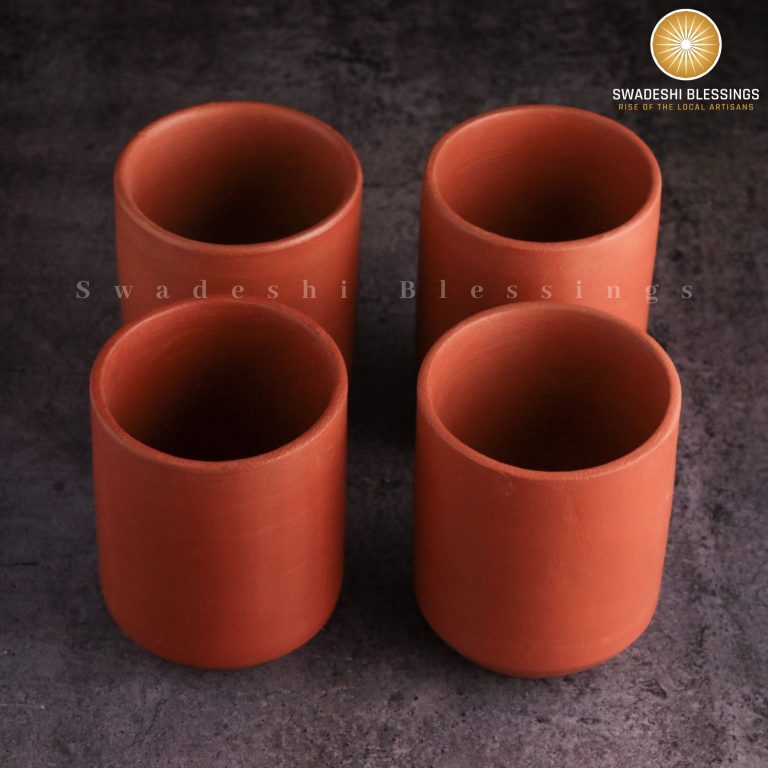 Premium Handmade Unglazed Royal Clay Glass Set | Tea &amp; Coffee Cups, 300ml | Antique Terracotta Glasses | Drinking Glass Swadeshi Blessings