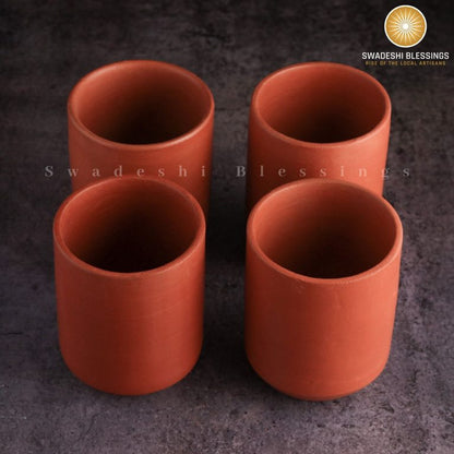 Premium Handmade Unglazed Royal Clay Glass Set | Tea &amp; Coffee Cups, 300ml | Antique Terracotta Glasses | Drinking Glass Swadeshi Blessings