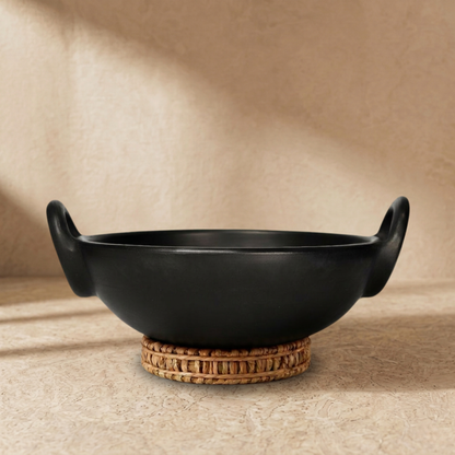 Unglazed Clay Handi / Earthen Kadai / Clay Kadai Combo for Cooking &amp; Serving – 1.8L Black &amp; 1.8L Red (Natural Firing Shade &amp; Mirror Shine) + FREE Ash for Cleaning