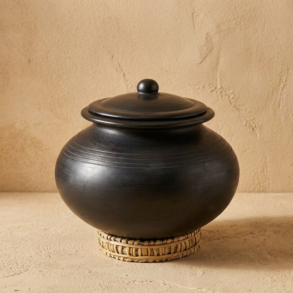 Unglazed Clay Pot for Cooking | Black Clay Biryani Handi | Earthen Kadhai | Terracota Handi | Clay Biryani Handi for Cooking &amp; Serving with Lid, 4L, Black | Includes Free Palm Leaf Stand and Ash for Cleaning