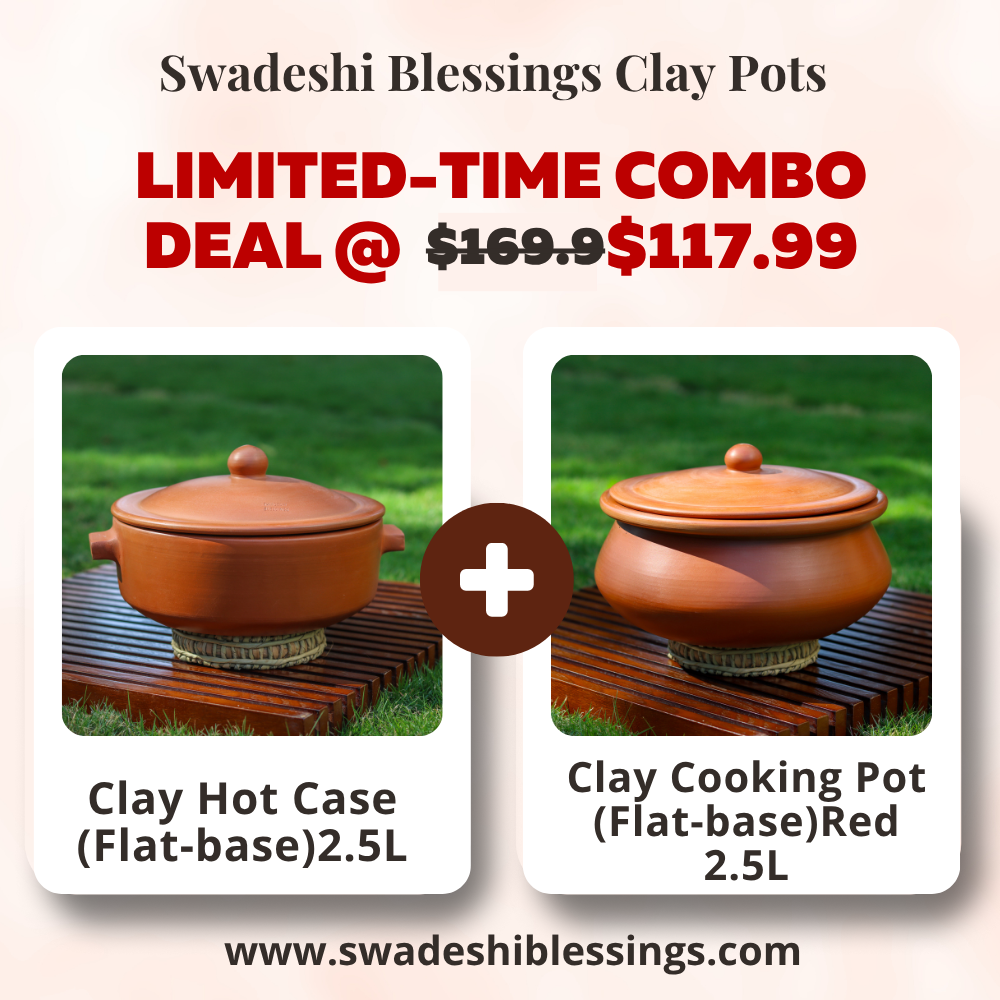 Unglazed Clay Handi / Earthen Hot Case / Flat-Base Clay Pots Combo for Cooking & Serving with Lids – 2.5L & 2.5L (Red) (Natural Firing Shade & Mirror Shine) + FREE Ash for Cleaning