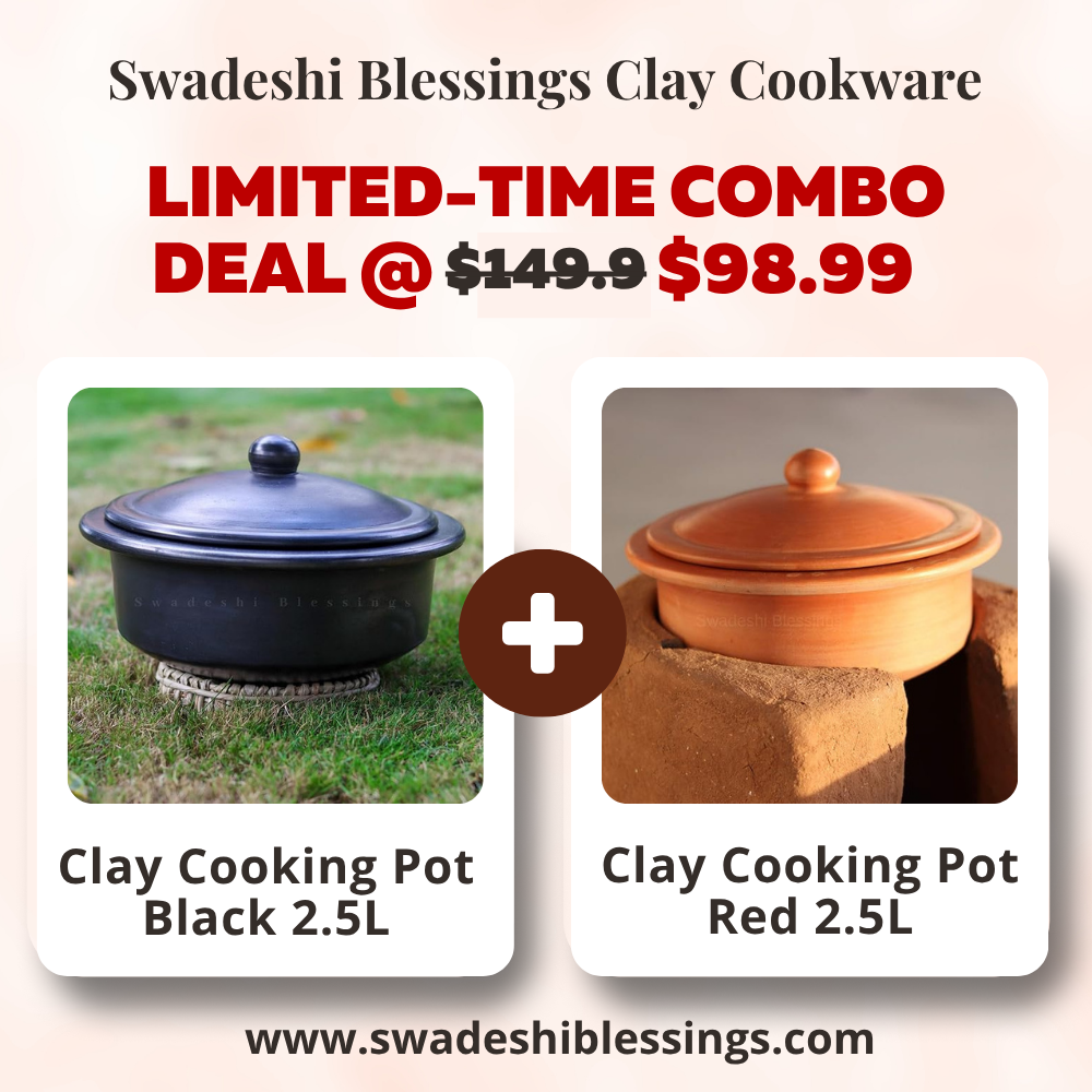 Unglazed Clay Handi / Earthen Bhagona / Clay Pots Combo for Cooking &amp; Serving with Lids – 2.5L Black &amp; 2.5L Red (Natural Firing Shade &amp; Mirror Shine) + FREE Ash for Cleaning