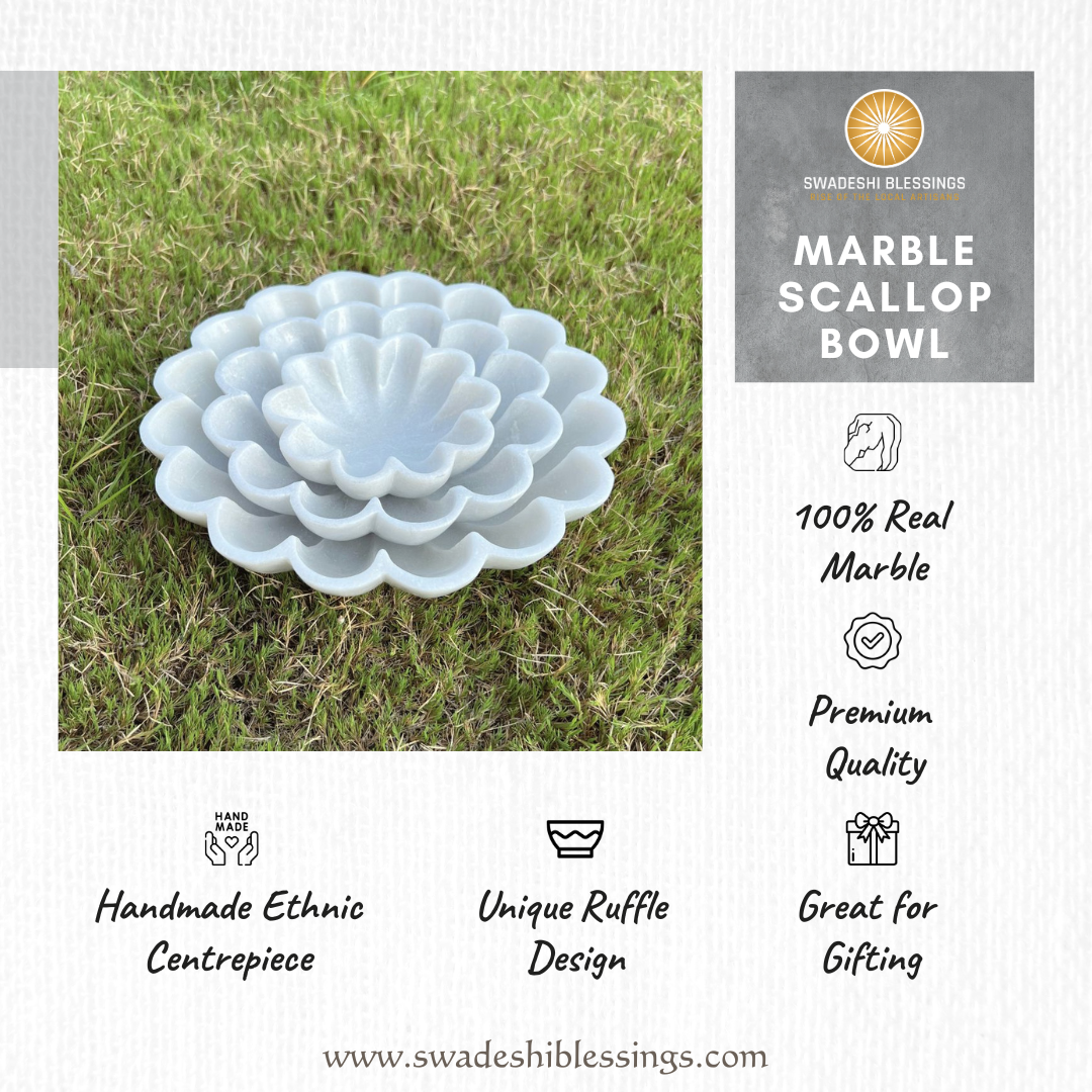 HandCrafted Marble Large Decorative Bowl | White Decorative Bowls for Home Decor | Ruffle Bowl | Scalloped Bowl | Fluted Bowl | Key/Fruit Bowl | Ring Dish | Organic Modern Home Decor Bowl | 6-12 Inches