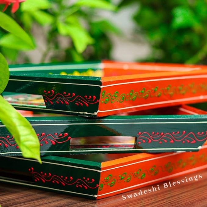 Premium HandPainted Wooden Serving Tray Set of 3 | Antique Diwali Decoration | Home Decor | Wedding, Housewarming Gift | Gift For Her Swadeshi Blessings