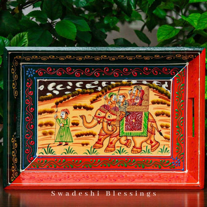 Premium HandPainted Wooden Serving Tray Set of 3 | Antique Diwali Decoration | Home Decor | Wedding, Housewarming Gift | Gift For Her Swadeshi Blessings